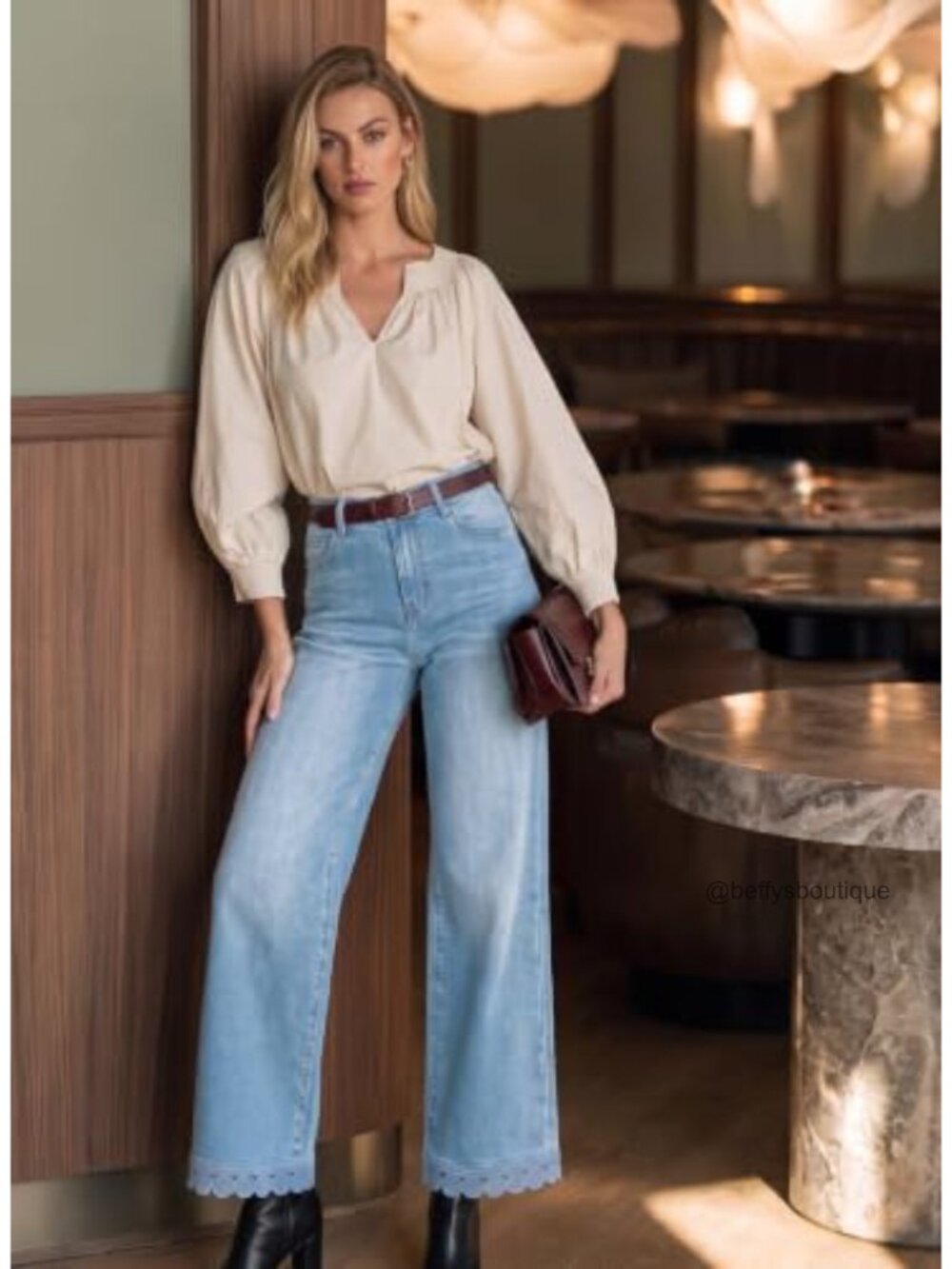 Wide Leg Stretchy Denim Jeans Lace Hem High Rise Ankle Pants - Picture 3 of 6